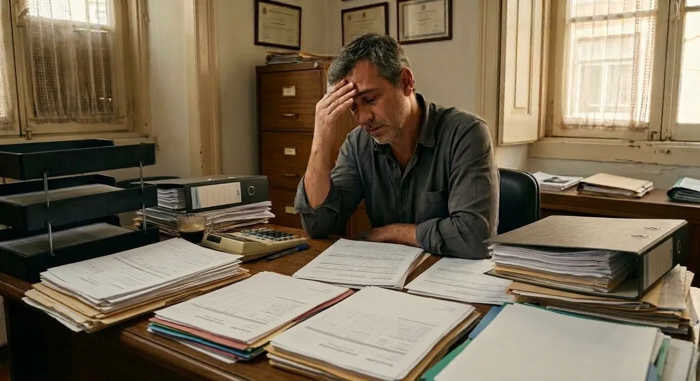 An estate agent at a desk covered in stacks of paper inspection forms and folders