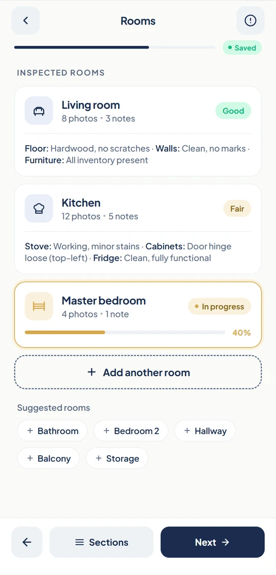 The rooms of an inspection, each with its rating, photos and notes.