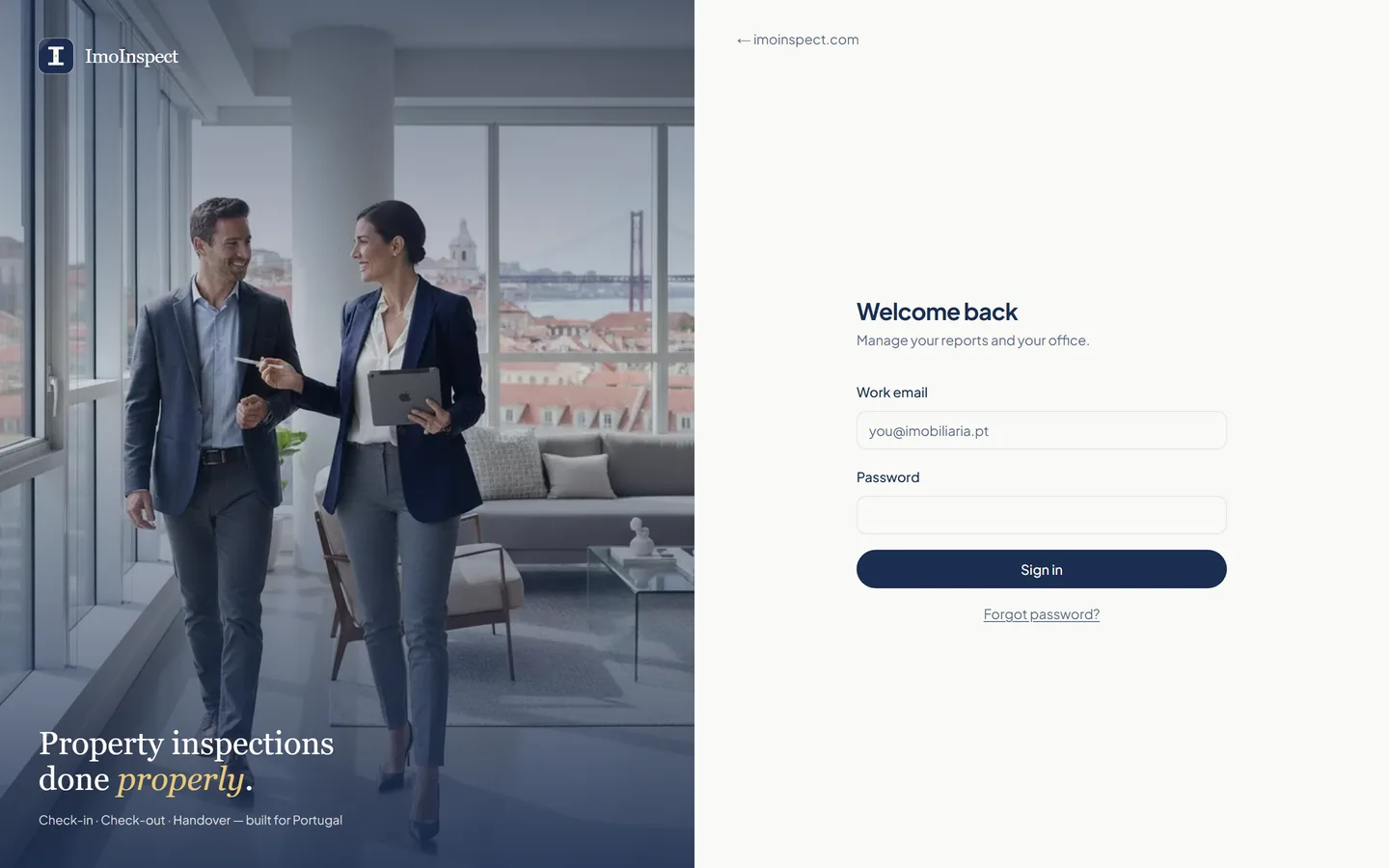 The ImoInspect web portal sign-in page